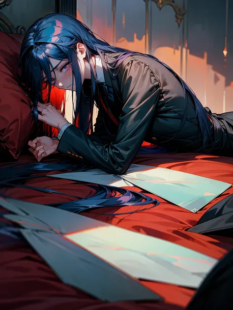 From side, anime boy, crimson eyes, detailed eyes, long eyelashes, dark blue hair with red gradient; long flowy hair, shoulder-length hair, black suit, white collared shirt, black tie, (eyes half closed), crying, tears in eyes, depressed, exhausted, eyes h...