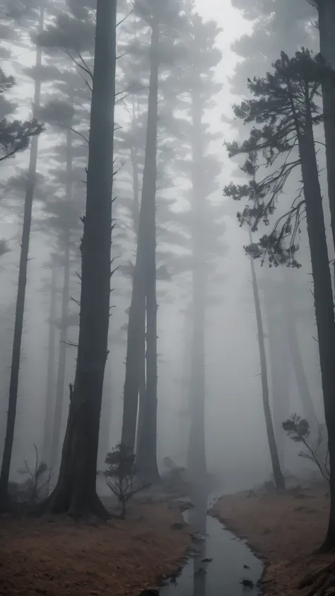 Nature in 4K quality, featuring a forest with dead trees, heavy fog, a gentle stream flowing through the scene, and unknown creatures lurking behind the trees; gray color temperature, sunless weather, the atmosphere is silent and creepy.