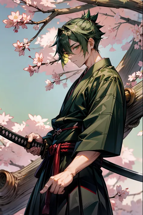 1male, Adult, Hakama, Green Hair, Short Hair, Katana, Sakura Trees, Samurai, Japanese Setting, Green Eyes