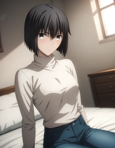 sauce_anime, ambient light,
fsn_ubw_style, 1girl ,tall girl, straight hair ,bob cut hair, black hair, deep black eyes, hair between eyes, perfect eyes , Perfect face, expressive eyes, close up face:0.2 ,  
(undress turtleneck black T shirt),(detailed lace ...