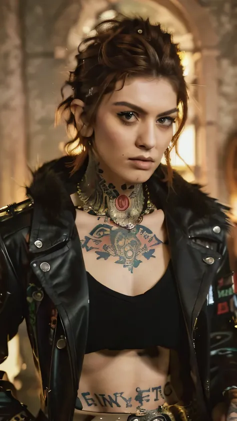 A Woman, ((Punk Style)), (80s) , 2 woman, Short red hair, Tattoos, Fur Jacket, Wearing black Shirt, Skinny, Looking at viewer, Arrogant expression, (((Masterpiece, Semirealistic, Cowboy shoot, Good expression, Good anatomy, Good pose))).