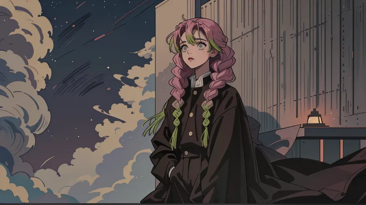 kimetSu no yaiba,kanroji mitSuri、Highest quality, 8k, 1990s style, City Pop, pants ,Night view, Retro, whole body, coffee,look at me、80&#39;S、comics、balcony、Night view、girl、Mug、cocoa、cute、Tokyo、80&#39;Sアニメーション、neon、Balcony、cyber punk、Starry Sky