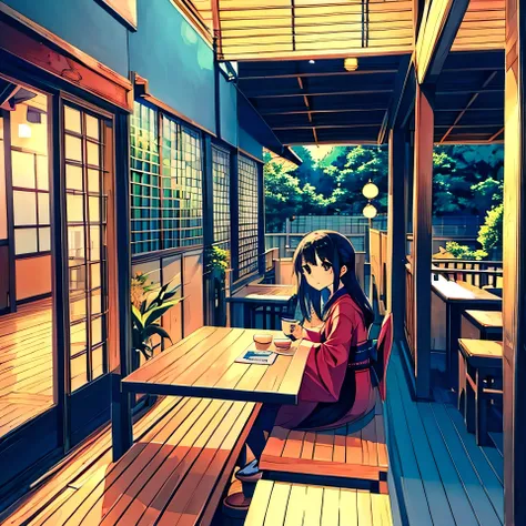 Japanese girl sitting in a cafe、Chic atmosphere、Picturesque、