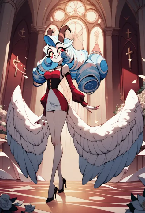 lamb girl, curly blue hair, angel, wings melting, short dress. the eyes are large with a cross instead of pupils. hazbin hotel. ...