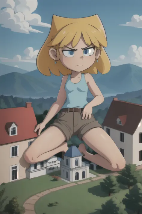 giantess looming over a single house in a field, kneeling, partially obscured, kneeling over a house in a field, one leg obscured, 1leg, tower between her legs, destroying a building, destruction, debris, crushing a building, tiny building between her legs...