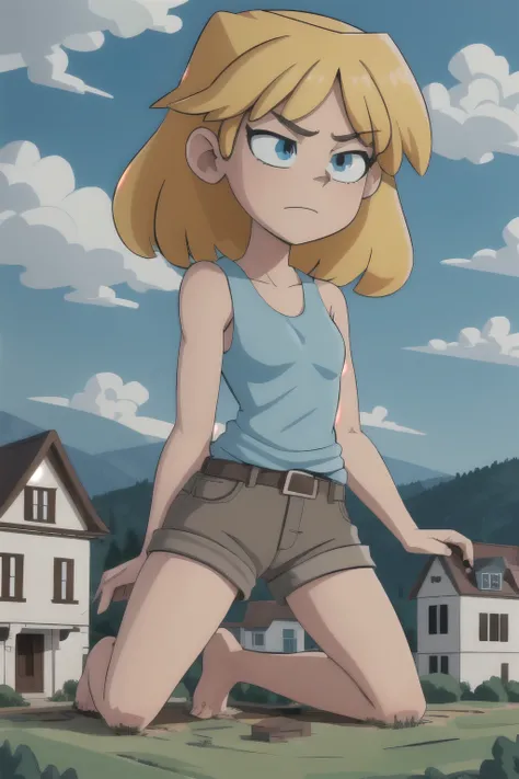 giantess looming over a single house in a field, kneeling, partially obscured, kneeling over a house in a field, one leg obscured, 1leg, tower between her legs, destroying a building, destruction, debris, crushing a building, tiny building between her legs...