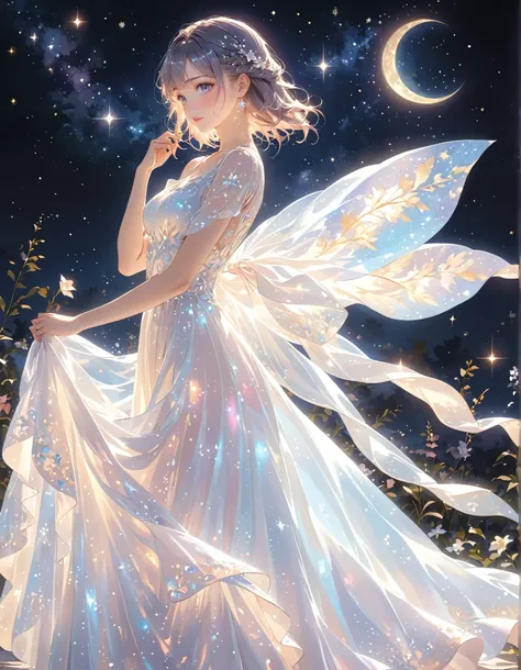 (best quality,4k,8k,highres,masterpiece:1.2),A girl standing alone under the starry night sky, with her silhouette illuminated by the soft moonlight and twinkling stars. Her face is beautifully detailed, with sparkling eyes, long and fluttering eyelashes, ...