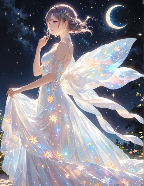 (best quality,4k,8k,highres,masterpiece:1.2),A girl standing alone under the starry night sky, with her silhouette illuminated by the soft moonlight and twinkling stars. Her face is beautifully detailed, with sparkling eyes, long and fluttering eyelashes, ...