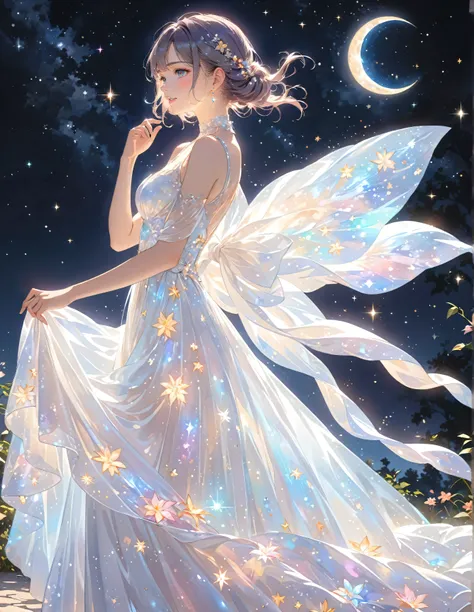 (best quality,4k,8k,highres,masterpiece:1.2),A girl standing alone under the starry night sky, with her silhouette illuminated by the soft moonlight and twinkling stars. Her face is beautifully detailed, with sparkling eyes, long and fluttering eyelashes, ...