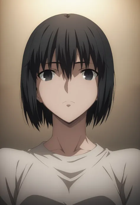 sauce_anime, ambient light,
fsn_ubw_style, 1girl ,tall girl, straight hair ,bob cut hair, black hair, deep black eyes, hair between eyes, perfect eyes , Perfect face, expressive eyes, close up face:0.2 ,  
(undress black clothes), detailed denim pants, (sl...