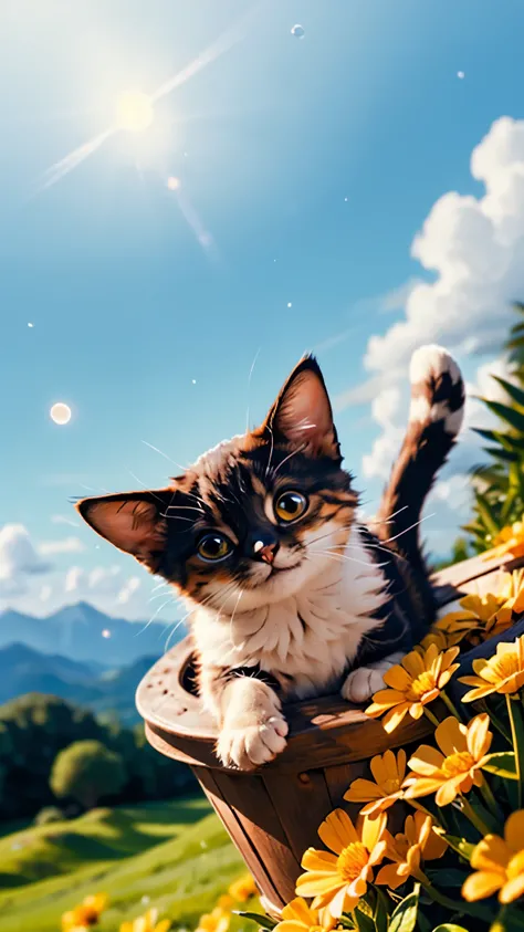 ((Highest quality、masterpiece、Highest quality、High resolution、8k、detailed、ultra-detailed:1.3)),yellow-tailed cat,kitten made of glass, blurred background is a landscape, sun, detailed glow, grin, cute、Cat,kitty cat、brown