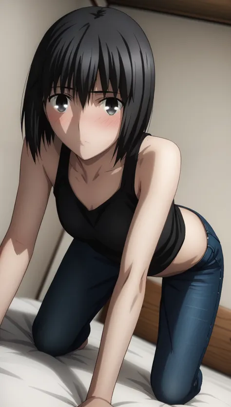 sauce_anime, ambient light,
fsn_ubw_style, 1girl ,tall girl, straight hair ,bob cut hair, black hair, deep black eyes, hair between eyes, perfect eyes , Perfect face, expressive eyes, close up face:0.2 ,  
(undress black clothes), detailed denim pants, (sl...