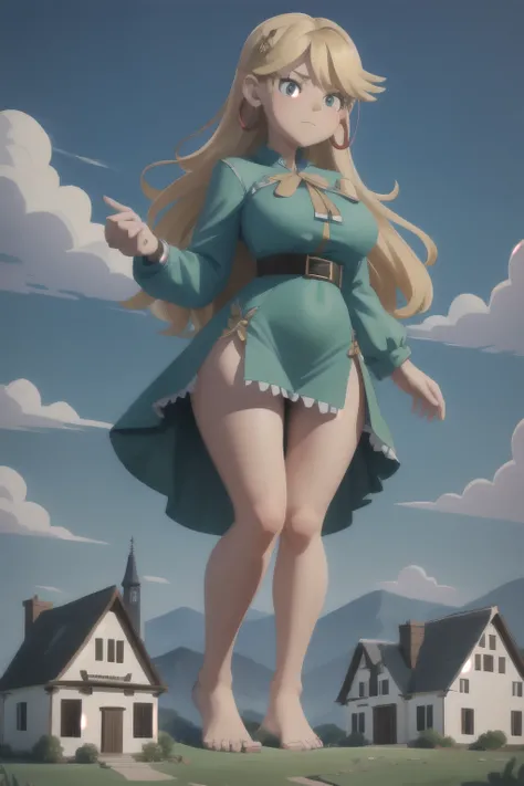 giantess looming over a single house in a field, kneeling, partially obscured, kneeling over a house in a field, one leg obscured, 1leg, tower between her legs, destroying a building, destruction, debris, crushing a building, tiny building between her legs...