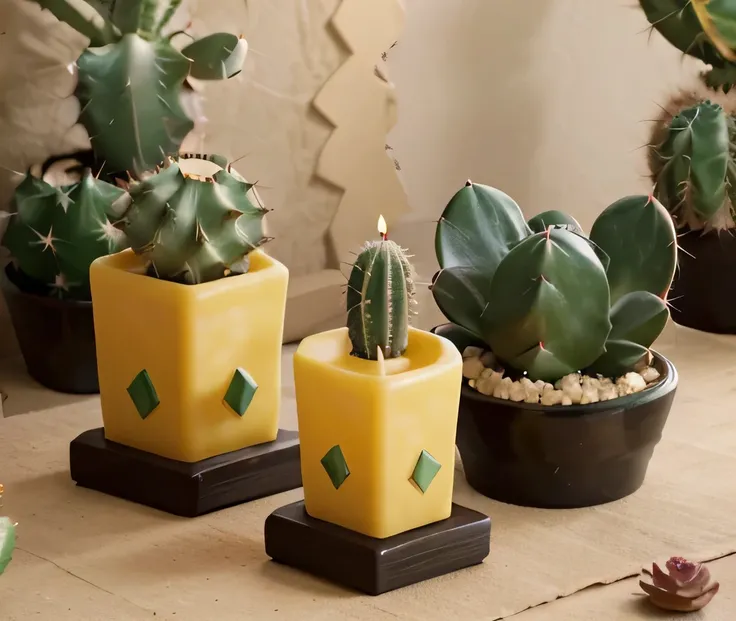 Design a cactus-shaped birthday candle, using molded wax that simulates the texture and shape of a realistic cactus. The cactus should have a vibrant green color, with details in lighter tones at the tips and shadows at the base to create a three-dimension...