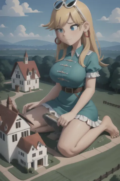 giantess looming over a single house in a field, kneeling, partially obscured, kneeling over a house in a field, one leg obscured, 1leg, tower between her legs, destroying a building, destruction, debris, crushing a building, tiny building between her legs...