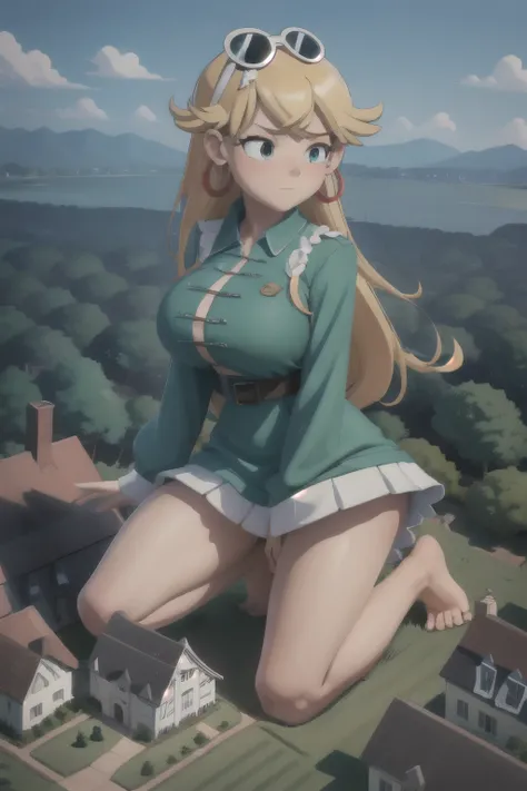 giantess looming over a single house in a field, kneeling, partially obscured, kneeling over a house in a field, one leg obscured, 1leg, tower between her legs, destroying a building, destruction, debris, crushing a building, tiny building between her legs...