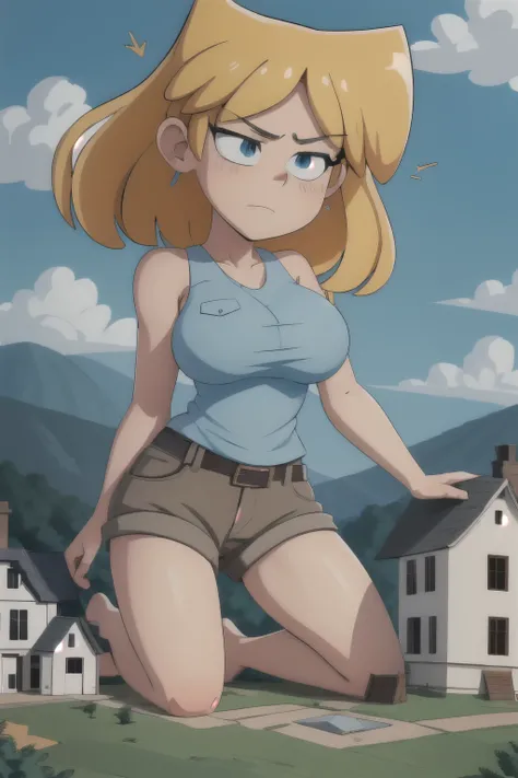 giantess looming over a single house in a field, kneeling, partially obscured, kneeling over a house in a field, one leg obscured, 1leg, tower between her legs, destroying a building, destruction, debris, crushing a building, tiny building between her legs...