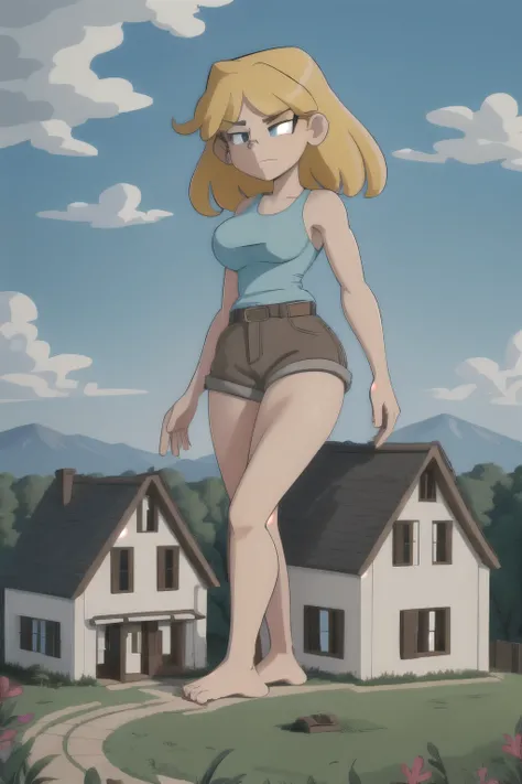 giantess looming over a single house in a field, kneeling, partially obscured, kneeling over a house in a field, one leg obscured, 1leg, tower between her legs, destroying a building, destruction, debris, crushing a building, tiny building between her legs...
