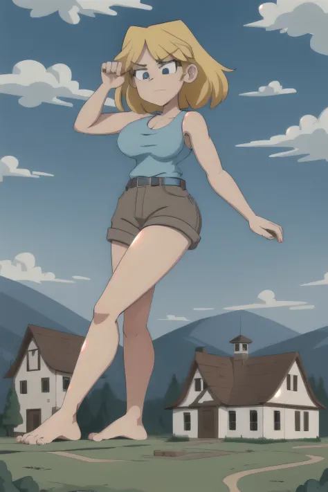 giantess looming over a single house in a field, kneeling, partially obscured, kneeling over a house in a field, one leg obscured, 1leg, tower between her legs, destroying a building, destruction, debris, crushing a building, tiny building between her legs...