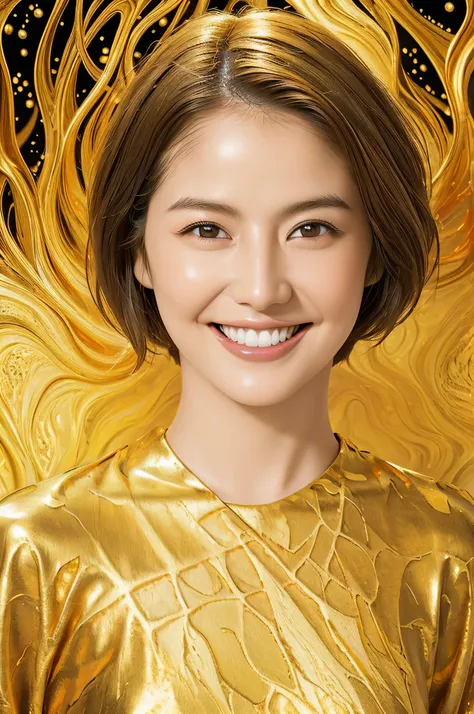 177 Short Hair, 20-year-old woman, A kind smile, (Abstract background,Fractal Golden Art:1.46)4K,PhotoReal