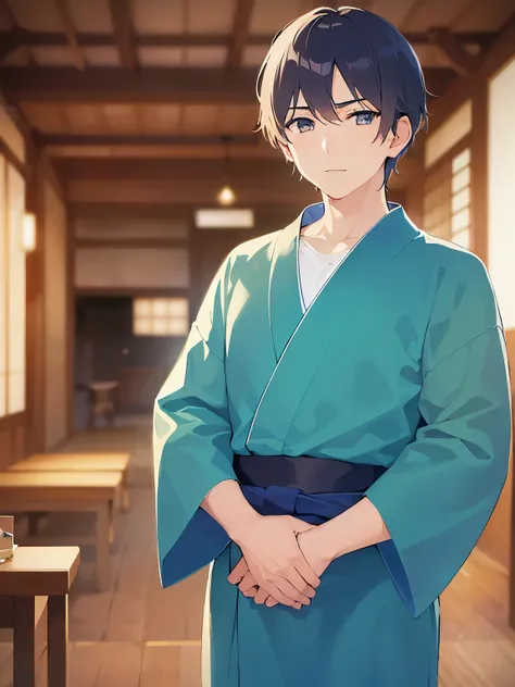 upper body、shiny skin, masterpiece、Highest quality、A man with short brown hair and green eyes is wearing a blue yukata、Are standing、Confused expression、The background is the interior of a night inn、(Alone:1.5)