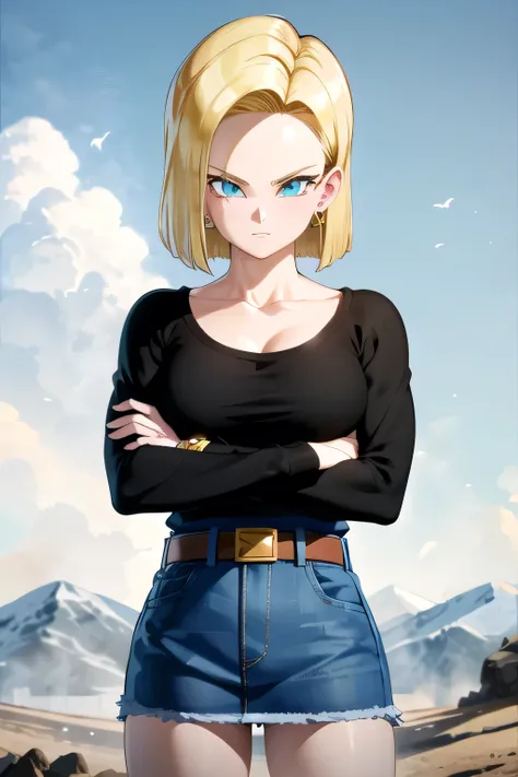 Android 18, 1girl, android 18, solo, blonde hair, blue eyes, short hair, mountain, crossed arms, belt, denim skirt, earrings, (long white sleeves:1.3), jewelry, looking at viewer, standing, shirt, blue skirt, collarbone, black shirt, denim, striped sleeves...