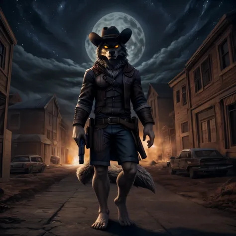 (((Barefoot furry character, full body, cinematic setting, furry male, plantigrade)))
portrait, ((mysterious stranger black long fur wolf gunslinger)), ((holding smoking gun)), ((holding revolver)), abandoned town, alone ,strange, surreal, desolate, ghos...