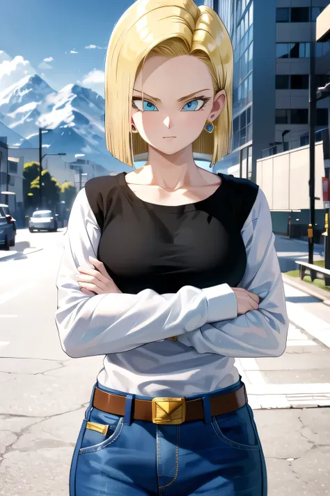Android 18, 1girl, android 18, solo, blonde hair, blue eyes, short hair, mountain, crossed arms, belt, denim skirt, earrings, (long white sleeves:1.3), jewelry, looking at viewer, standing, shirt, blue skirt, collarbone, black shirt, denim, striped sleeves...