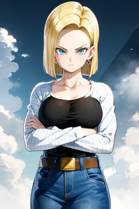 Android 18, 1girl, android 18, solo, blonde hair, blue eyes, short hair, mountain, crossed arms, belt, denim skirt, earrings, (long white sleeves:1.3), jewelry, looking at viewer, standing, shirt, blue skirt, collarbone, black shirt, denim, striped sleeves...