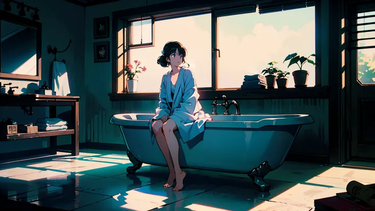 Living alone, Bathroom, Woman wearing bathrobe, barefoot, relax(Backlight: 1.1), A scene from a movie, Soft Shadows, masterpiece, Highest quality, Complex, Model shooting style, Film Grain, Upshot, Blue tones