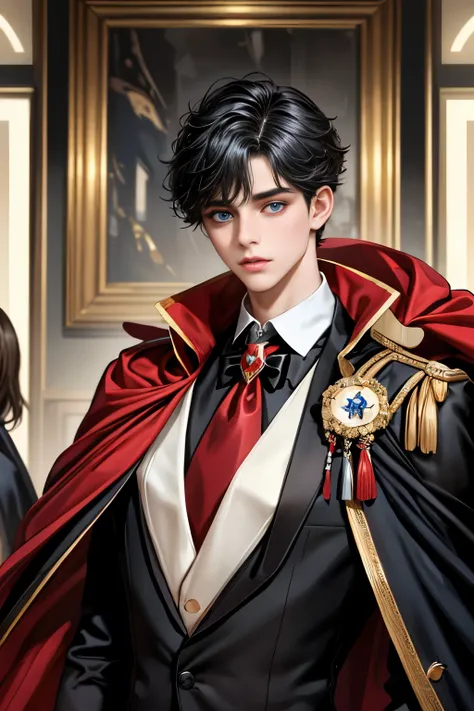 masterpiece, 最high quality, high quality, 1 boy, alone, Male focus, Upper Body,Watching the audience, Messy black hair, Adorable big blue eyes, White, Noble, Noble,A black and red cape that is bursting with sexy volume、Tuxedo、A very voluminous, large, very...