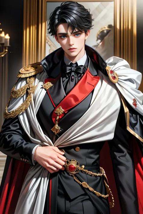 masterpiece, 最high quality, high quality, 1 boy, alone, Male focus, Upper Body,Watching the audience, Messy black hair, Adorable big blue eyes, White, Noble, Noble,A black and red cape that is bursting with sexy volume、Tuxedo、A very voluminous, large, very...