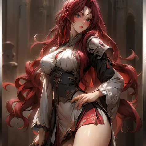 (best quality)), ((Masterpiece)), (details:1.4), 3d, HDR (high dynamic range), an image of a beautiful cyberpunk female, cyberpunk, medieval, fantasy, red hair, long hair, Beautiful white eyes, จมูกโด่ง, ปากแดง, หน้าอกใหญ่, nvidia RTX, PBR surface, After p...