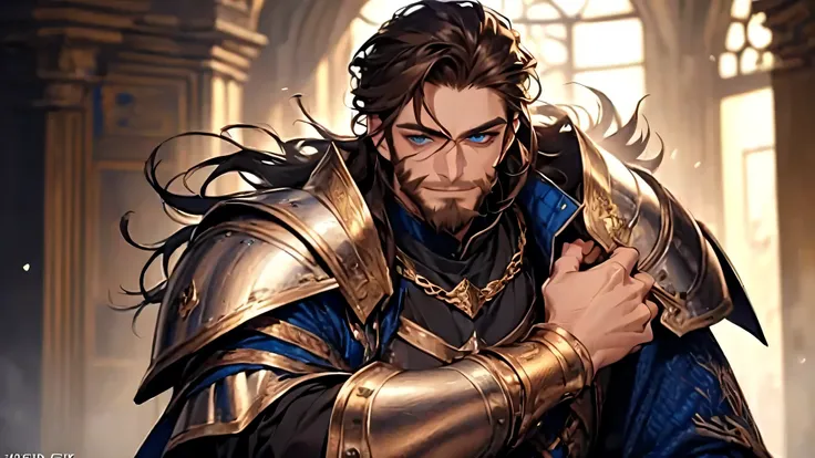 a handsome man, 50 years old, rough beard, dark hair, sharp jawline, brave pose, (mesmerizing blue eyes), perfectly styled hair, wearing functional medieval armor, dynamic lighting, (knight), (expression, smile in love), (best quality,4k,8k,highres,golden ...