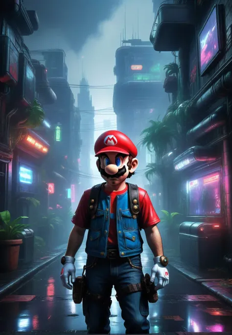 a cyberpunk city in a dystopian setting, cyborgized Mario from Nintendo, leaf runner, dark foggy alleys, punk hairstyle, cybernetic facial modifications, body augmentation, (best quality,4k,8k,highres,masterpiece:1.2),ultra-detailed,(realistic,photorealist...