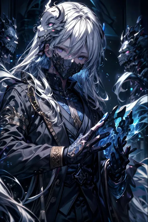 (masterpiece, best quality, perfect face, expressive eyes), 1boy, (male), intricate details, four arms, white hair, (blue skin), black eyes, ghost mask, 