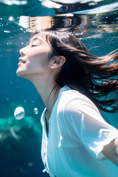 In the deep sea where only air bubbles float, A slender Japanese woman, 30 years old, is facing forward, spreading her arms toward the water and taking a deep breath. Detailed face, detailed eyes, Wearing a white shirt, Healthy and clean, Her hair is swayi...