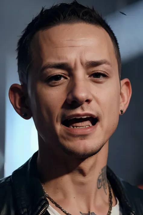 Chester Bennington, cantando,  8k close up facial 