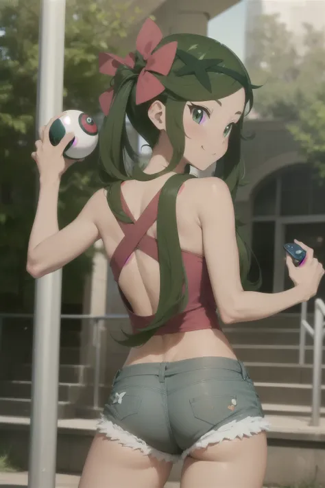 anime style, 1 girl mallow  ,solo , green hair twintails ,  smug face smile , blush,  small breasts,  mini shirt  , sexy micro s...