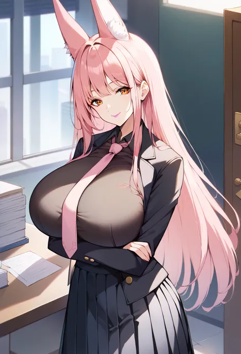 masterpiece, score_9, score_8_up, score_7_up, source_anime, extremely detailed, high quality, 1girl, milf, solo, leona, (huge breasts), ((((pink hair), long hair, bangs, orange eyes, fox ears))), purple lips, (((black shirt, black coat, long sleeves, pink ...