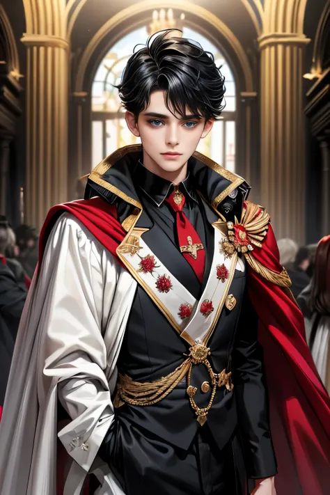 masterpiece, 最high quality, high quality, 1 boy, alone, Male focus, Upper Body,Watching the audience, Messy black hair, Adorable big blue eyes, White, Noble, Noble,A black and red cape that is bursting with sexy volume、Tuxedo、A very voluminous, large, very...
