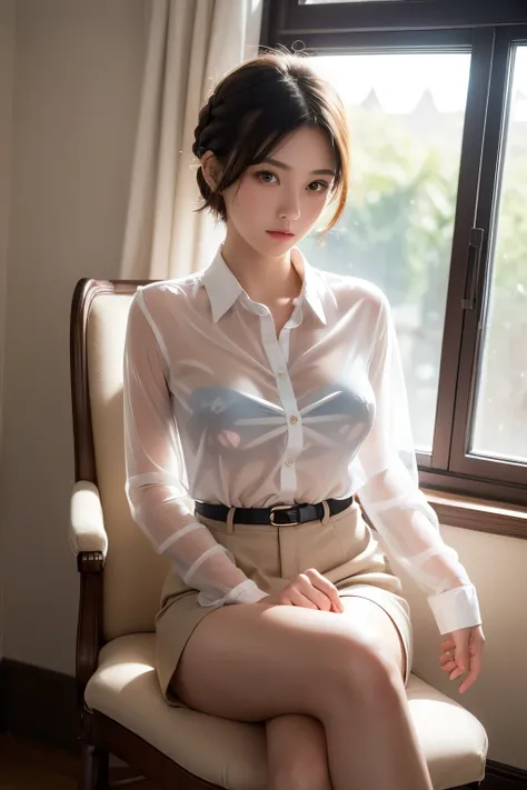 (Highest quality, masterpiece, High resolution:1.1),Use natural light and colour, Hyper-detailed clothes, Cinematic Light, One girl,amount, Embarrassing ,blush, Braided short hair, Beautiful breasts, Chest belt,race, Upper Body,(Transparent shirt:1.4), Aga...