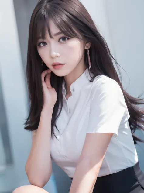 ((photorealistic:1.3)),((ultra detailed)),((sharp:1.5)),1woman,28yo,(( solo)), black hair, long hair, original, realistic, looking at viewer, upper body, shirt, white shirt,lips, brown hair, parted lips, photo-referenced, real life, simple background, no m...