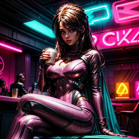 full view of a very beautiful latina futuristic style character sitting at a coffee shop with a huge neon sign that says "algora...