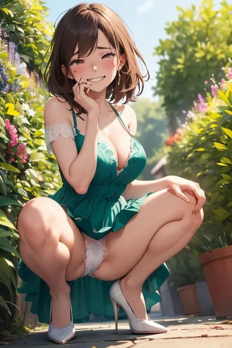 ((Highest quality)), ((masterpiece)), (detailed), nsfw, ((a 2  girls)), ((solo)), ((single focus)), beautiful face, ecstasy, orgasm, vulgarity, ((one piece green dress)), ((squat in flower garden)), ((open legs,)), ((hip focus)), (lift skirt), ((show white...