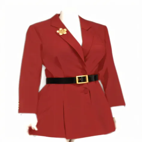 red blazer dress, structured fit, long sleeves, black belt with gold buckle, floral brooch accessory, indoor background, casual chic atmosphere, neutral lighting, light from front, natural skin tone, standing pose, arms relaxed by sides.