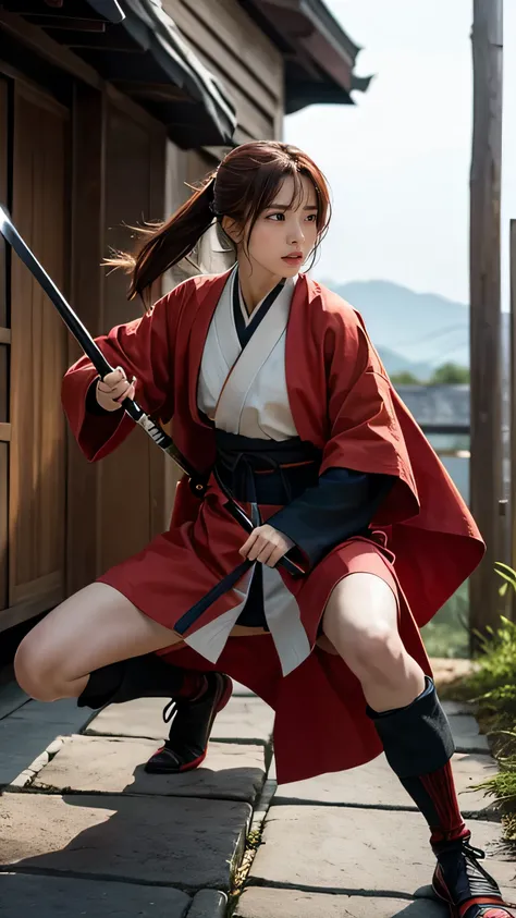 "Rurouni Kenshin", A moment of excitement, bold, Capture the essence of her fiery determination and indomitable spirit, She is furious, Kenshin&#39;s Rage々Strongly conveying the power, Emphasise the intensity of a scene, The woman has a determined stance, ...