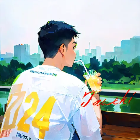 Short black hair, Casual white T-shirt "24" and "24" Printed on the back, Sitting, Holding a drink with a straw in a transparent cup, Looking beyond, Smooth skin, outdoor urban setting with greenery and buildings in the background, 柔and的自然灯光, calm and refl...