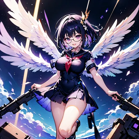 Highest quality, masterpiece, Ultra-high resolution, Elaborate hands,Angel Girl Sandalphon、Black and purple hair、Purple Eyes、Geek temperament、 Black school uniform 1.8、Big Breasts、Black-rimmed glasses、、Open sea、smile、missiles fly、4 gun battery 1.4、Stand wi...