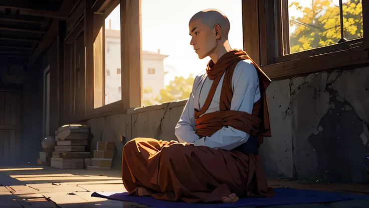 a monk, sitting in the sunlight, meditating